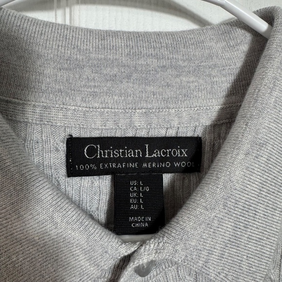 Christian Lacroix Gray Merino Wool Polo Sweater LG Knit Short Sleeve Designer - Picture 3 of 7